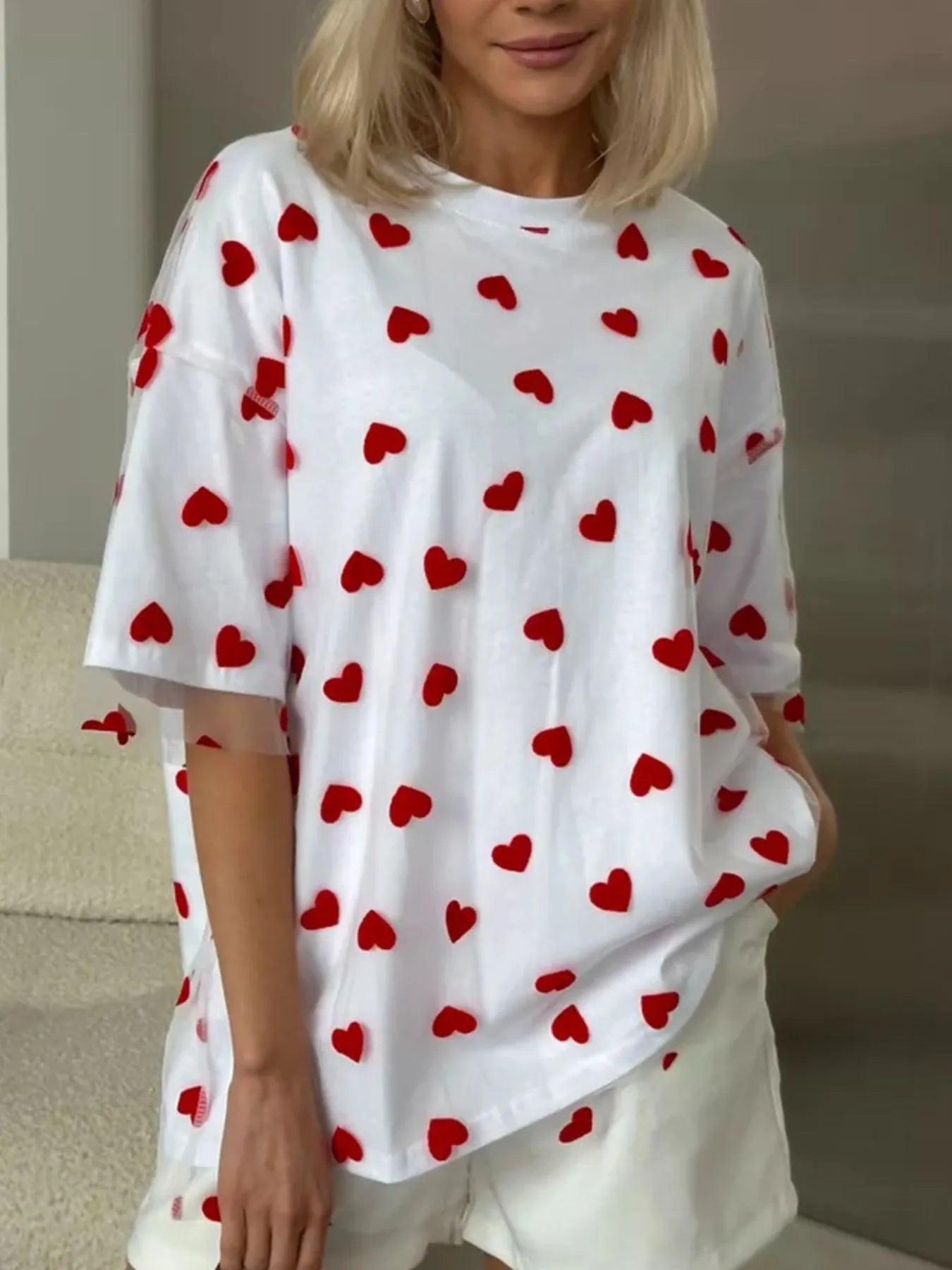 Heart Print Oversized T-Shirt - Fashorio