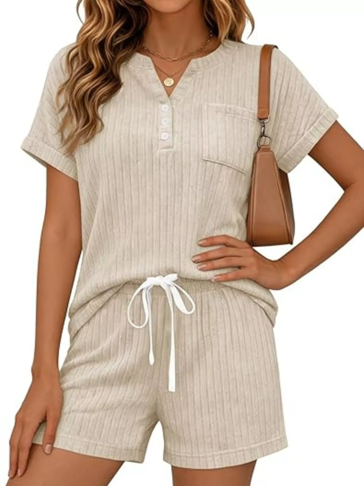Ribbed Knit Tee and Shorts Two Piece Set, view 7