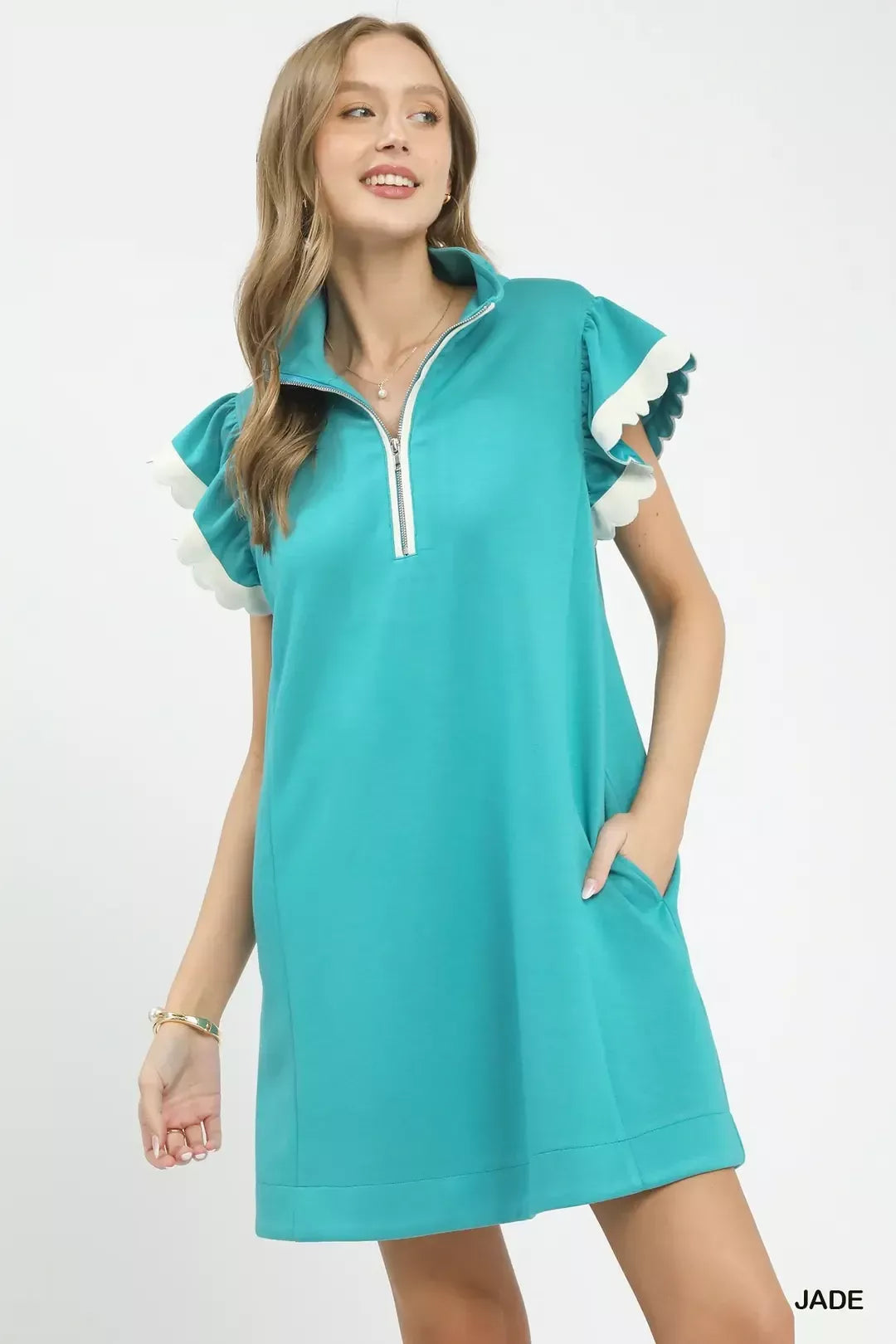 Zip Neck Flutter Sleeve Dress in Jade