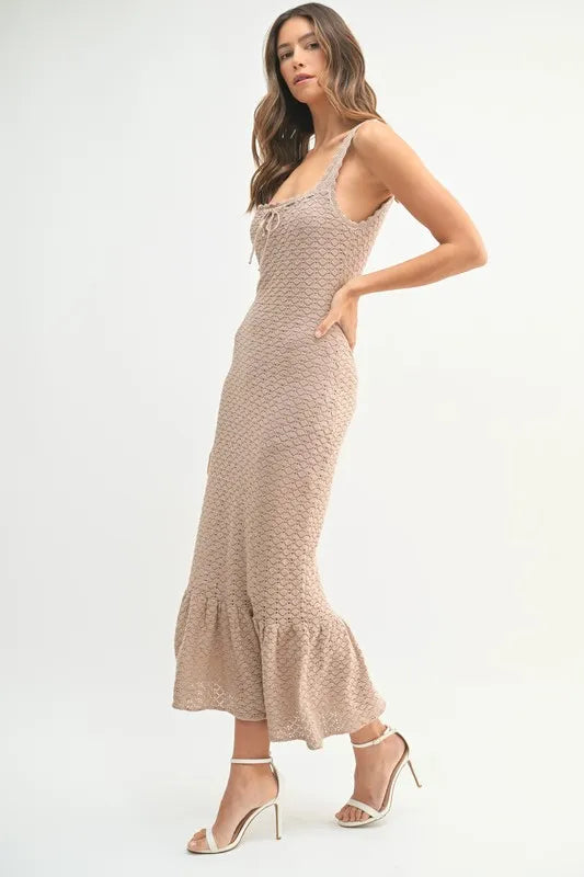 MABLE Ruffled Hem Sleeveless Crochet Knit Midi Dress - Fashorio