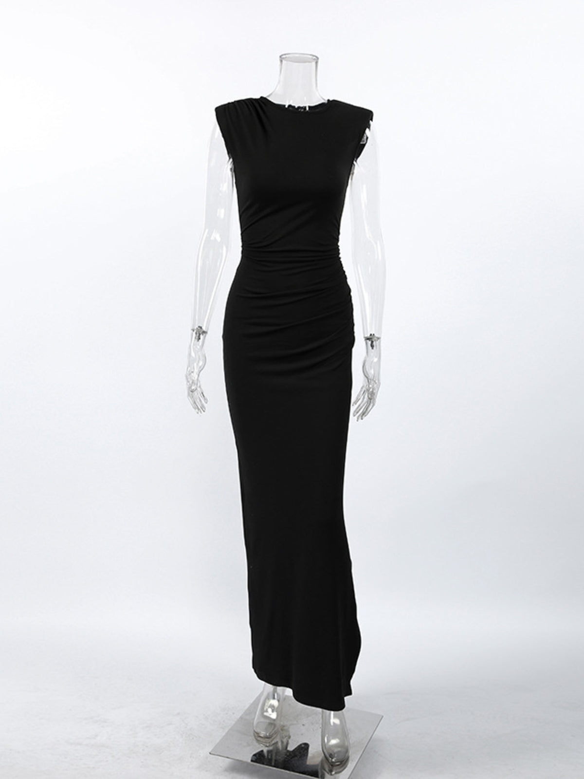 Black slit sleeveless round neck maxi dress close up of fabric