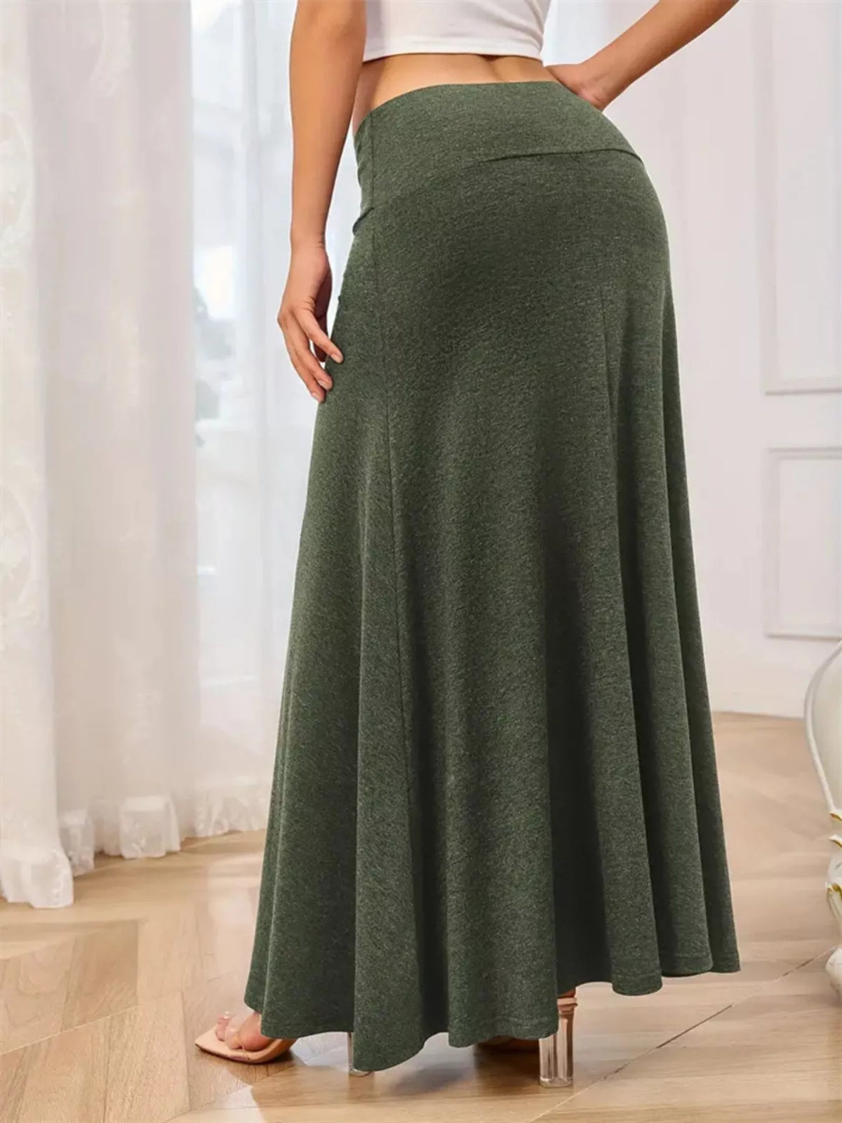 Maxi skirt fabric drape and texture detail