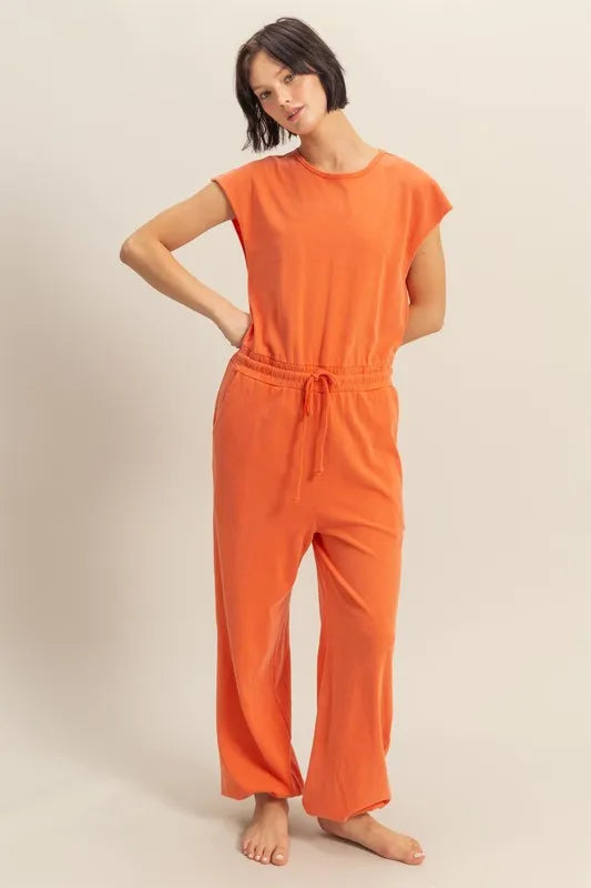 Back Keyhole Round Neck Cap Sleeve Drawstring Jumpsuit detail