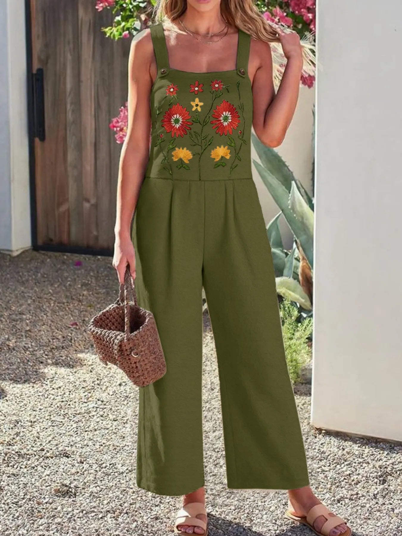 Floral Embroidered Wide Leg Jumpsuit Army Green - Fashorio