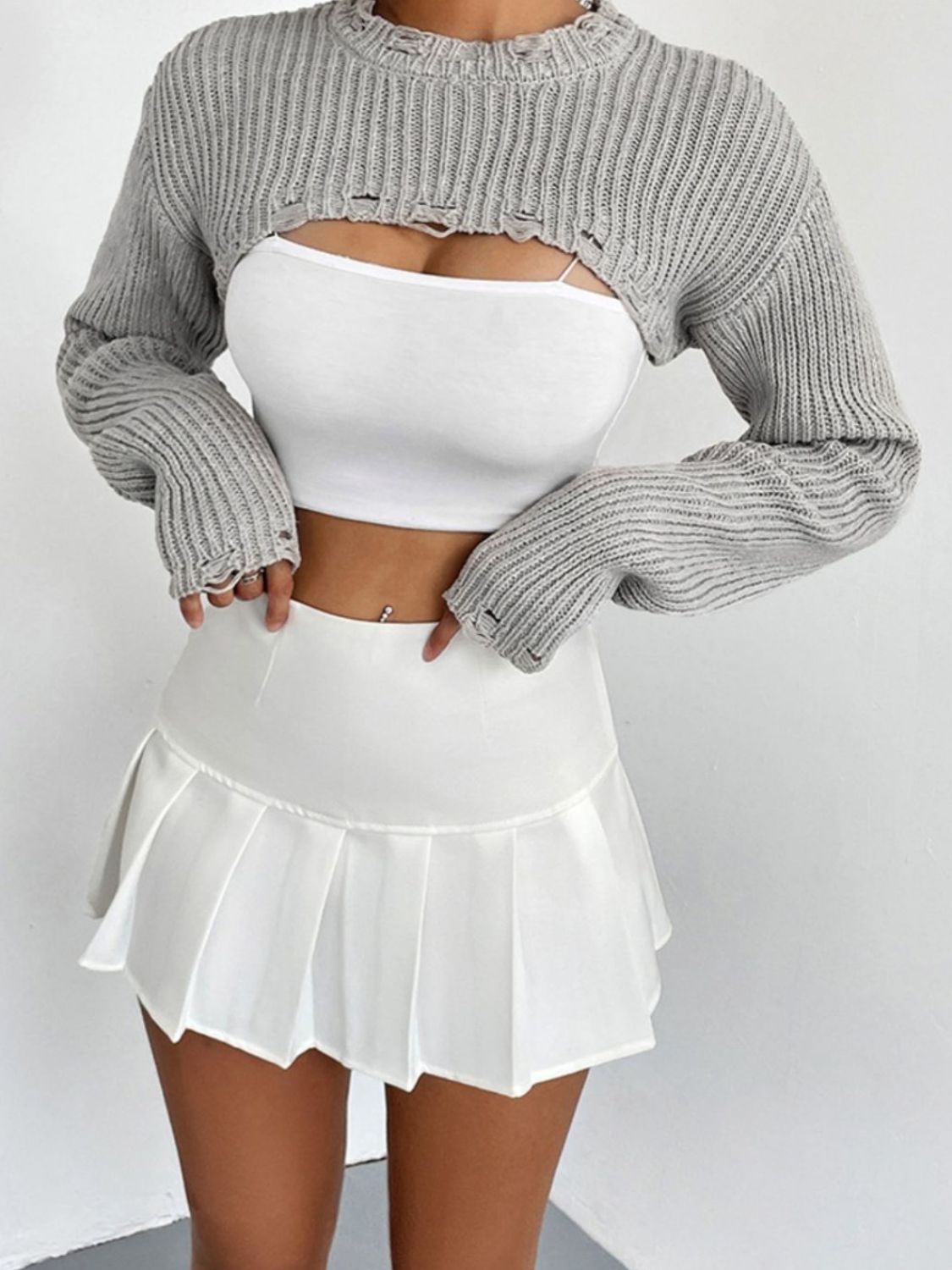 Distressed Long Sleeve Cropped Sweater - Fashorio