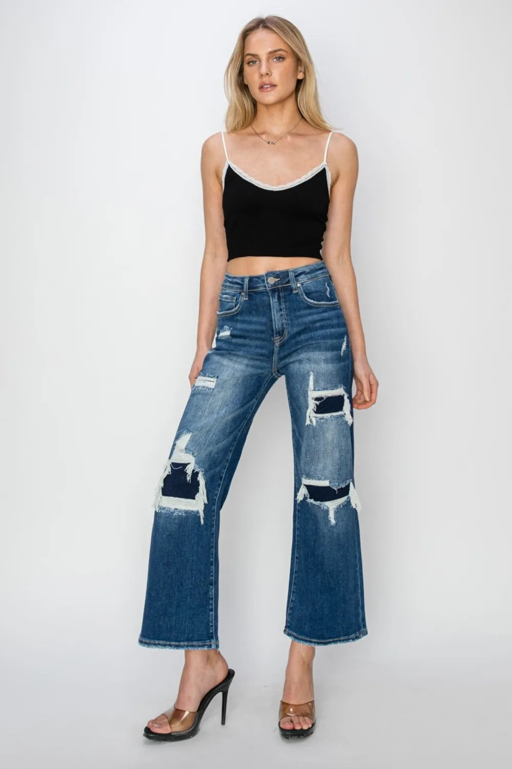 Risen Full Size High Rise Patch Detailed Wide Leg Crop Jeans - Fashorio