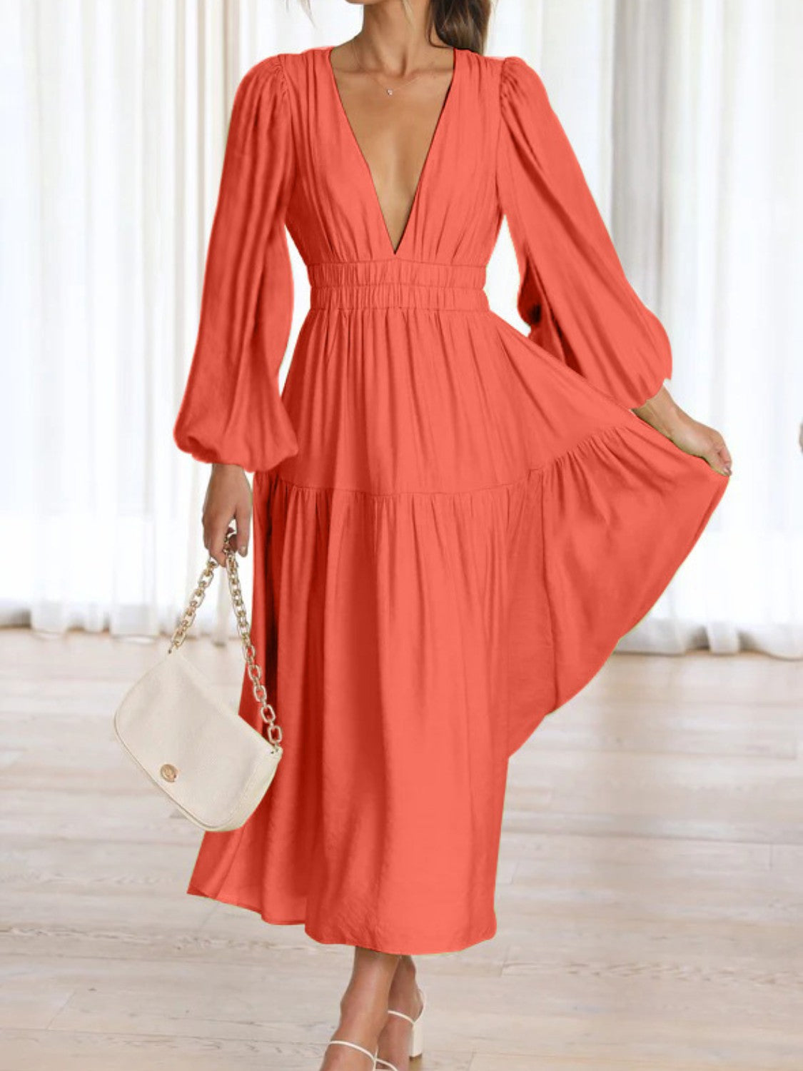 Deep V-Neck Balloon Sleeve Plain Maxi Dress - Fashorio