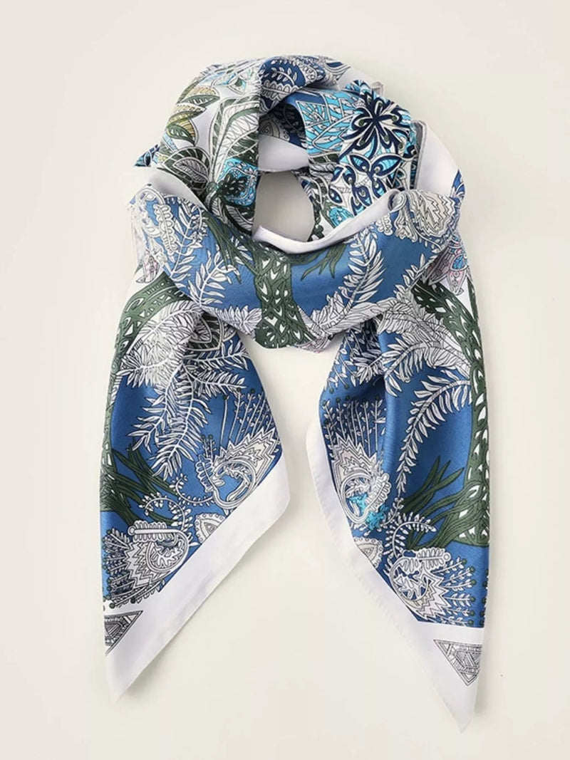 Floral print square scarf in a soft blue tone