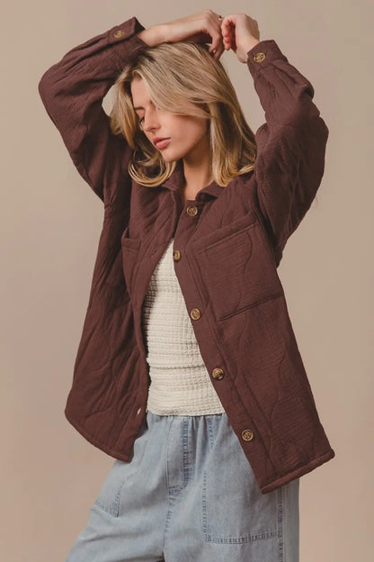 BiBi Quilted Gauze Long Sleeve Shacket – Oversized Buttoned Style Mocha - Fashorio
