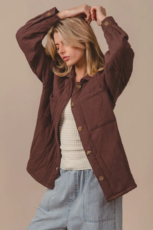 BiBi Quilted Gauze Long Sleeve Shacket – Oversized Buttoned Style Mocha - Fashorio