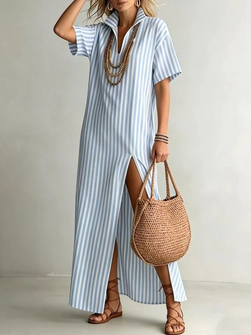Striped maxi dress with side slit front view on model