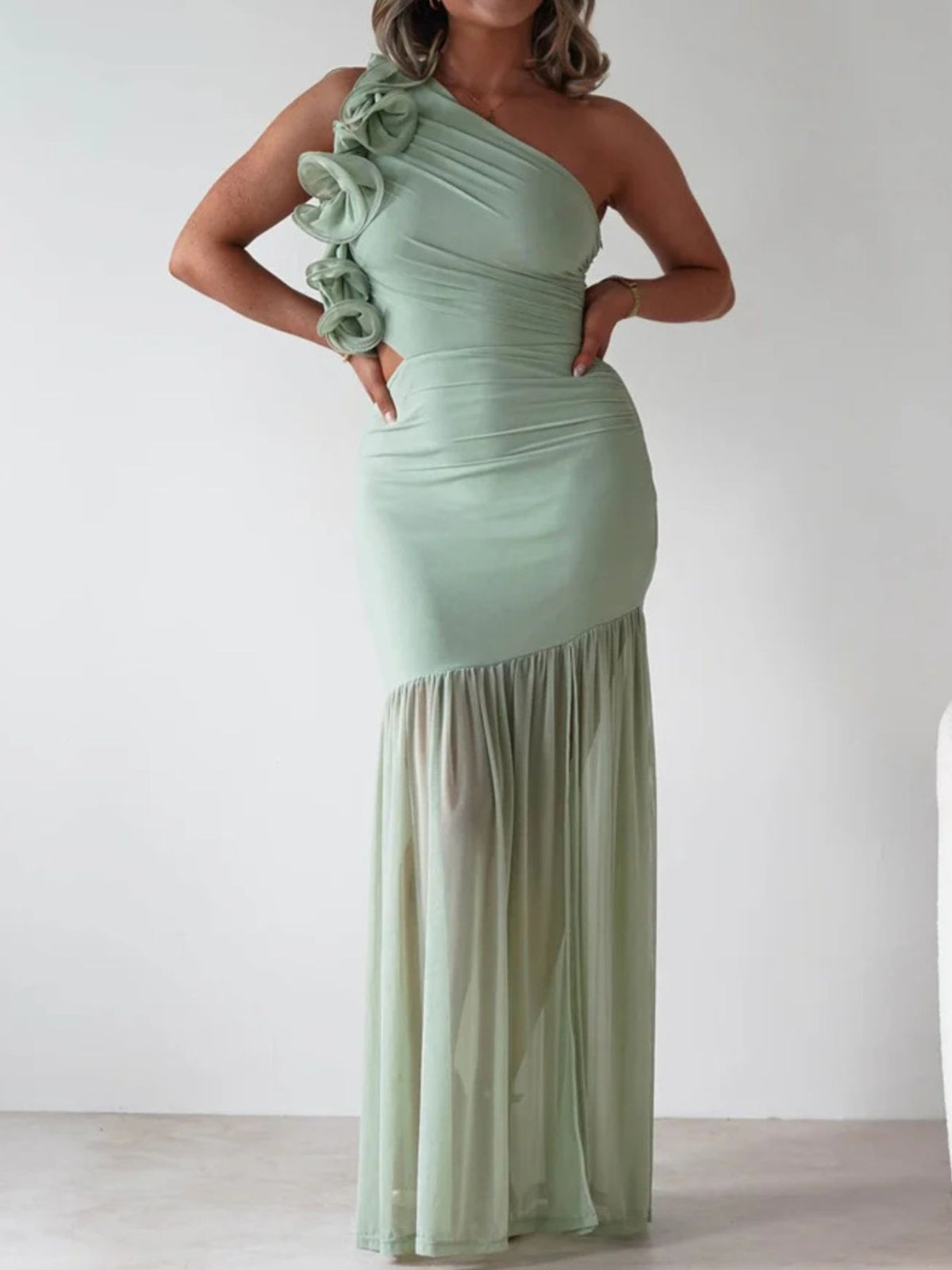 one shoulder ruffle trim maxi dress styled look