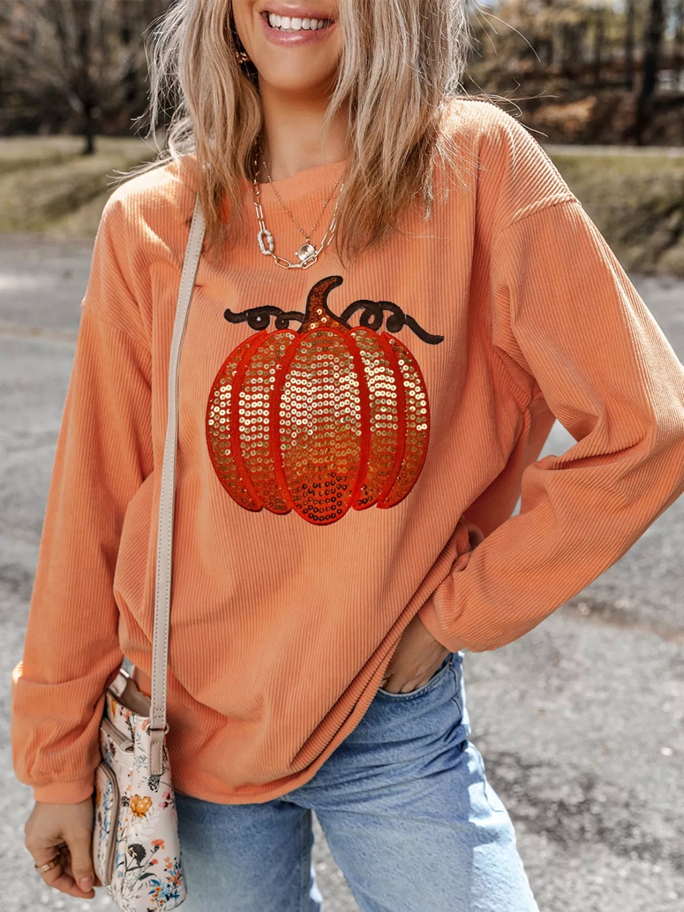 Halloween Sequined Pumpkin Ribbed Round Neck Sweatshirt - Fashorio
