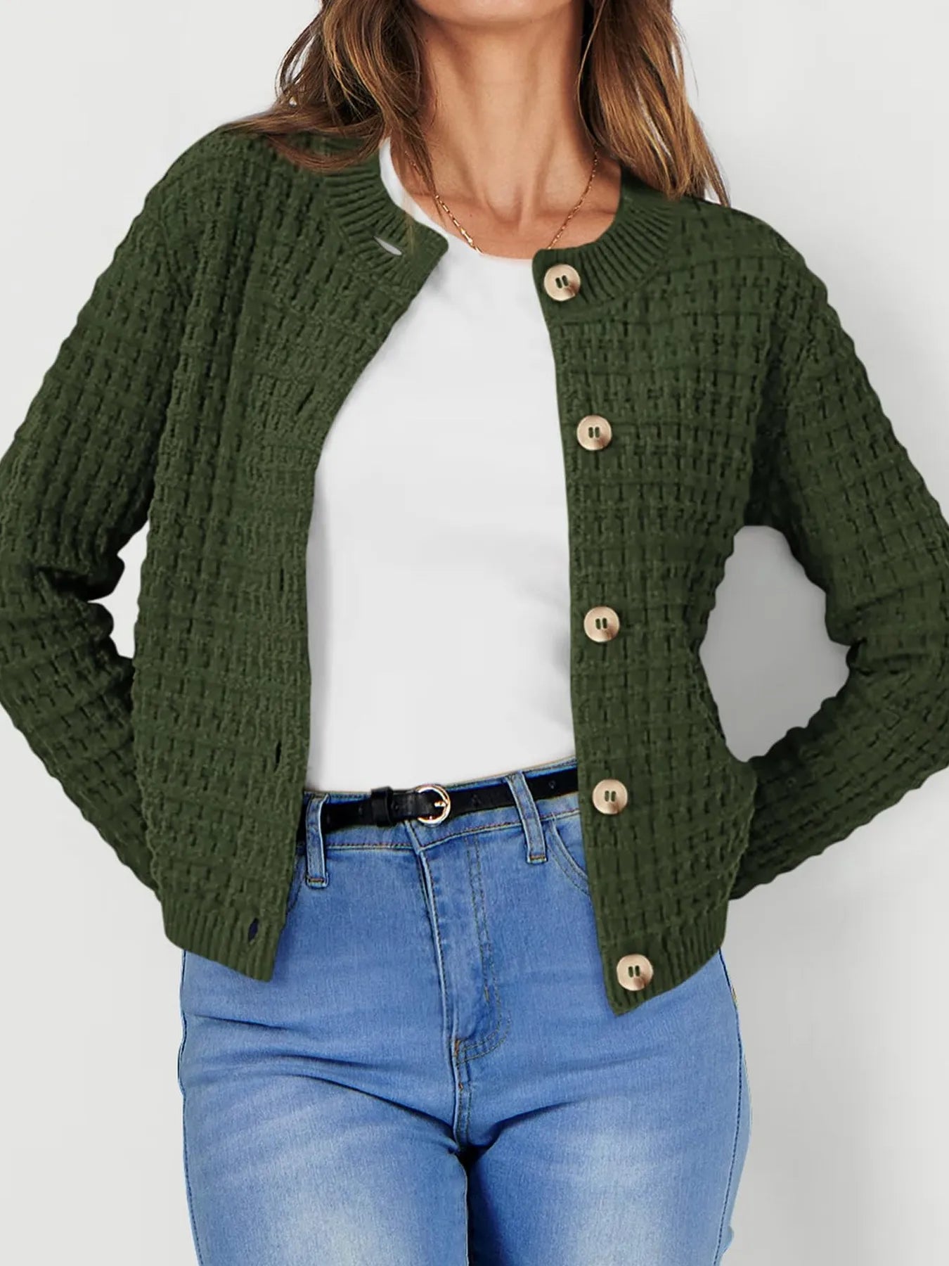 Textured Knit Button-Front Cardigan - Fashorio