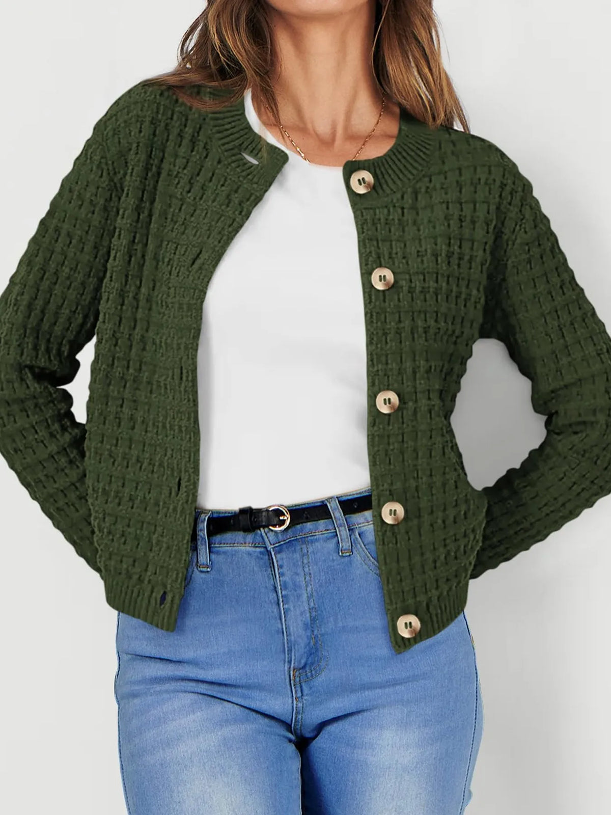 Textured knit button front cardigan, styled with trousers