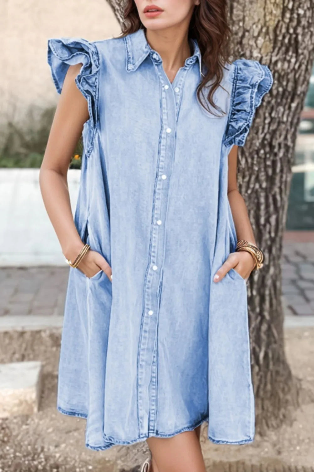 Ruffled Button Front Cap Sleeve Denim Dress Light Blue - Fashorio