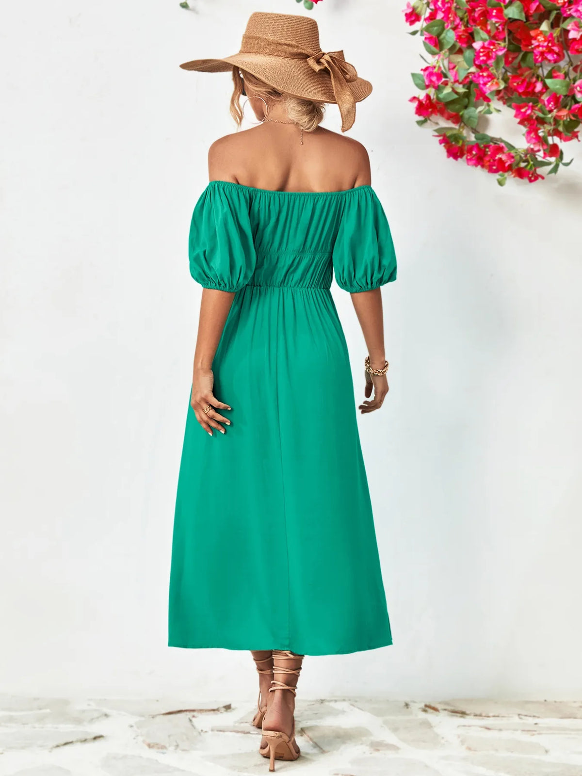 Off shoulder puff sleeve smocked maxi dress, neckline and bodice detail