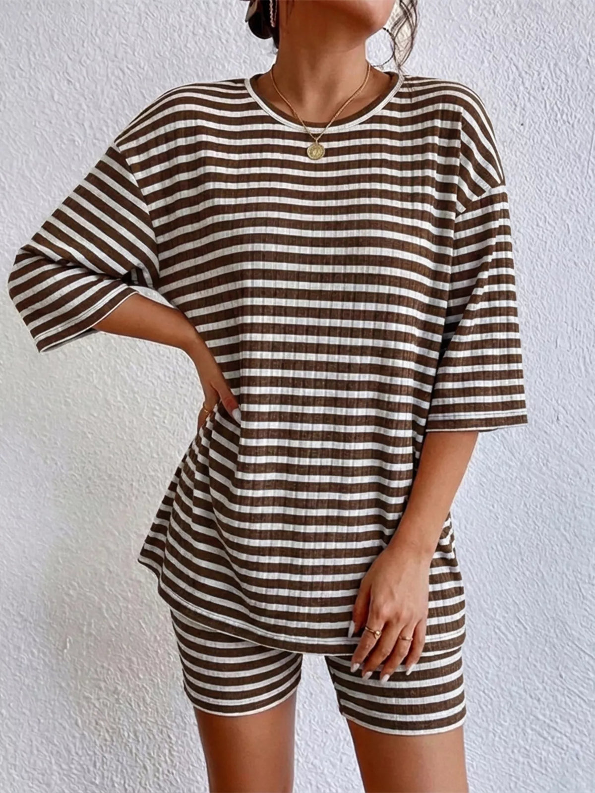 Striped Round Neck Top and Shorts Set, view 17