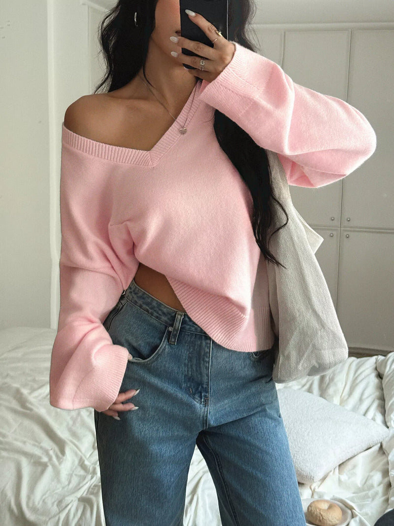 V neck loose fit sweater in blush pink front view