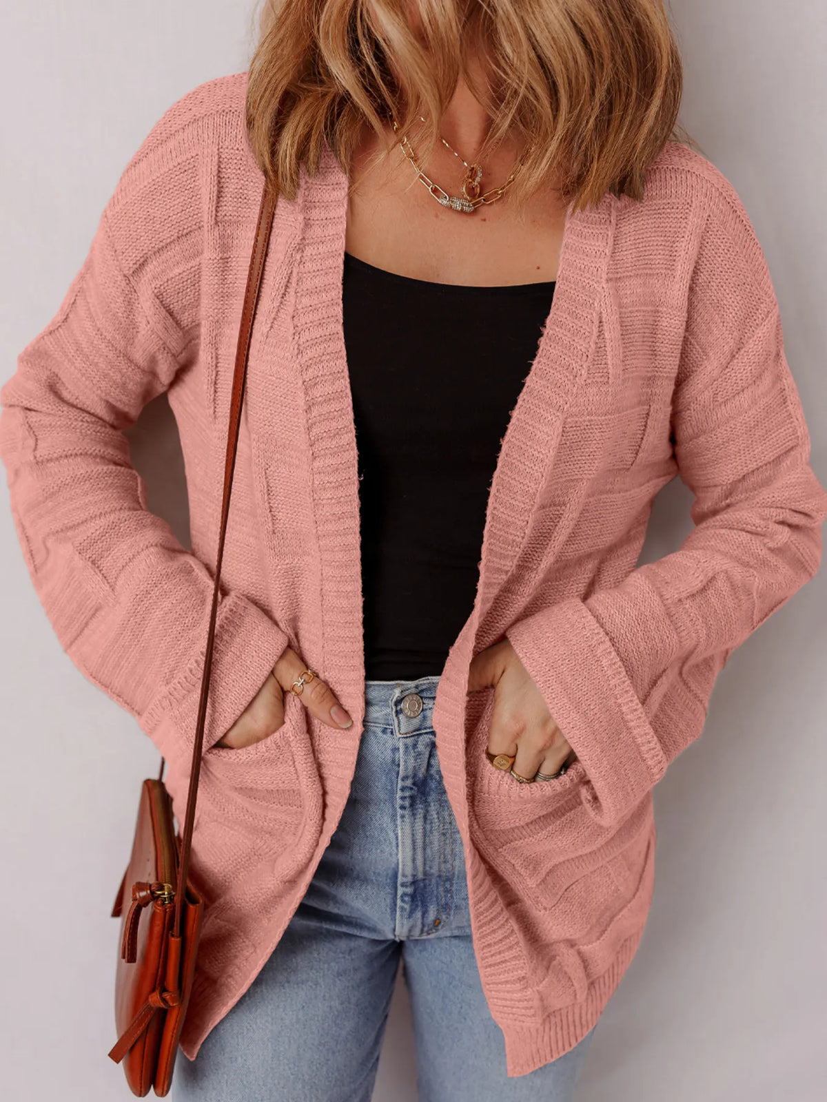 textured knit open front cardigan with pockets back view