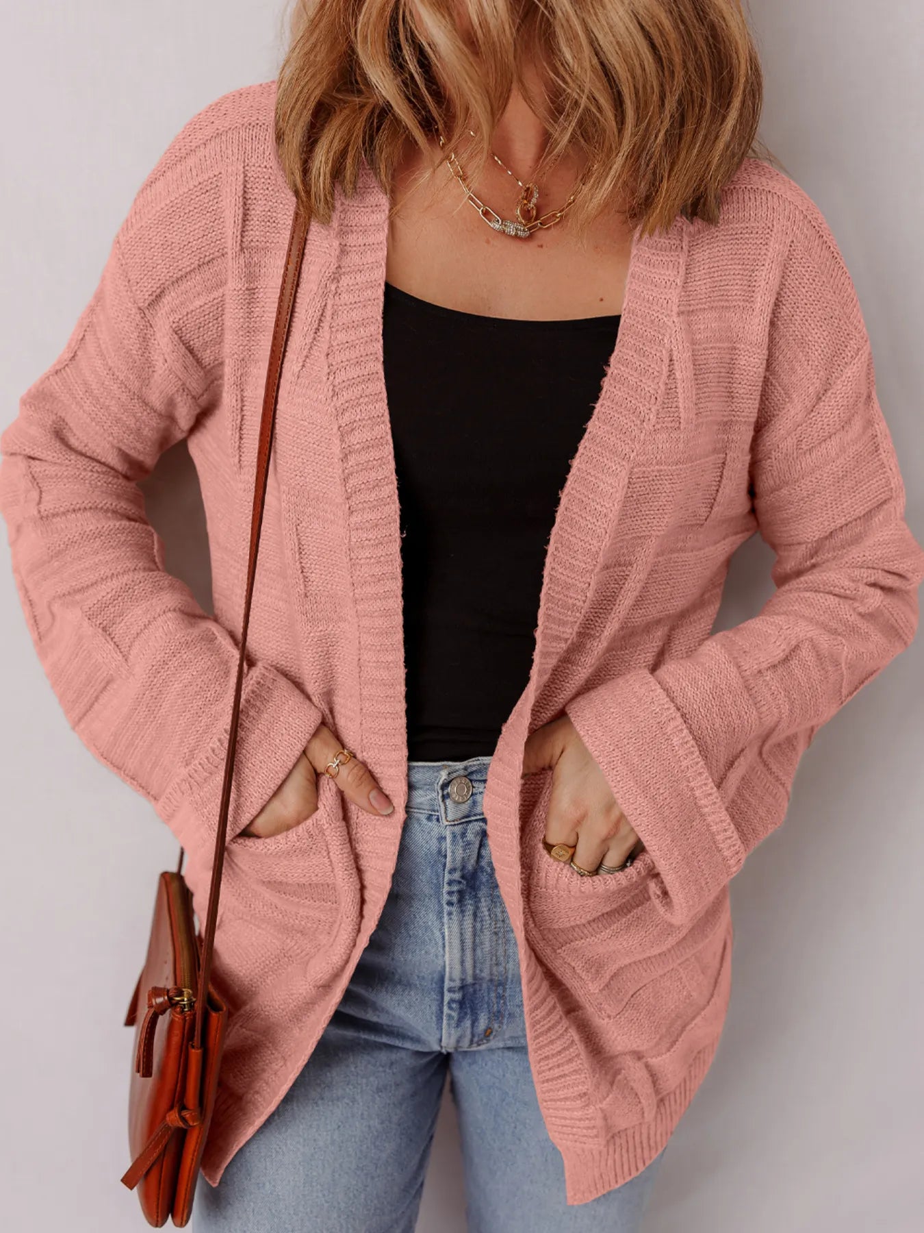 Textured Knit Open Front Cardigan with Pockets - Fashorio