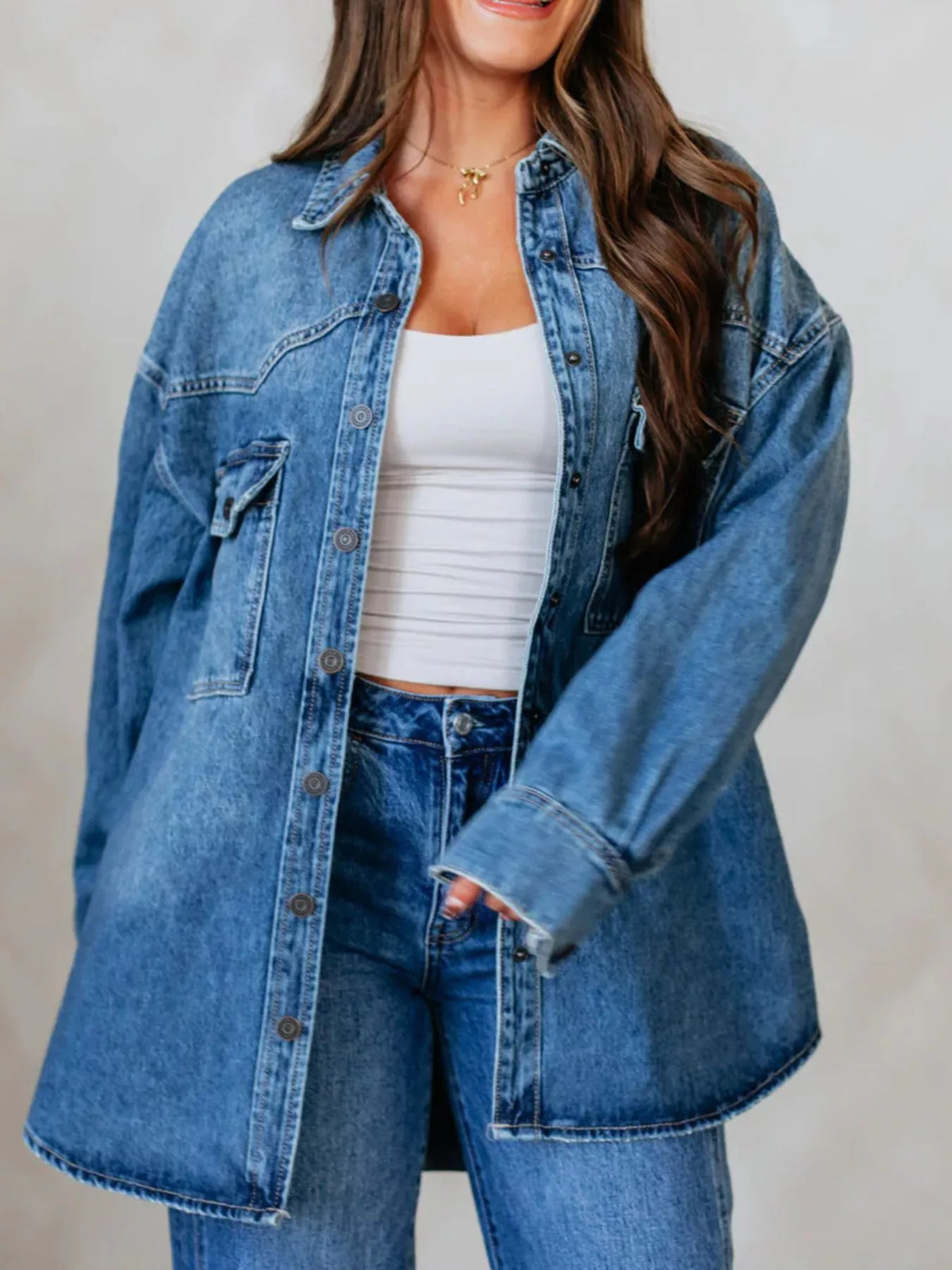 Snap Down Drop Shoulder Denim Jacket in Dark Blue detail