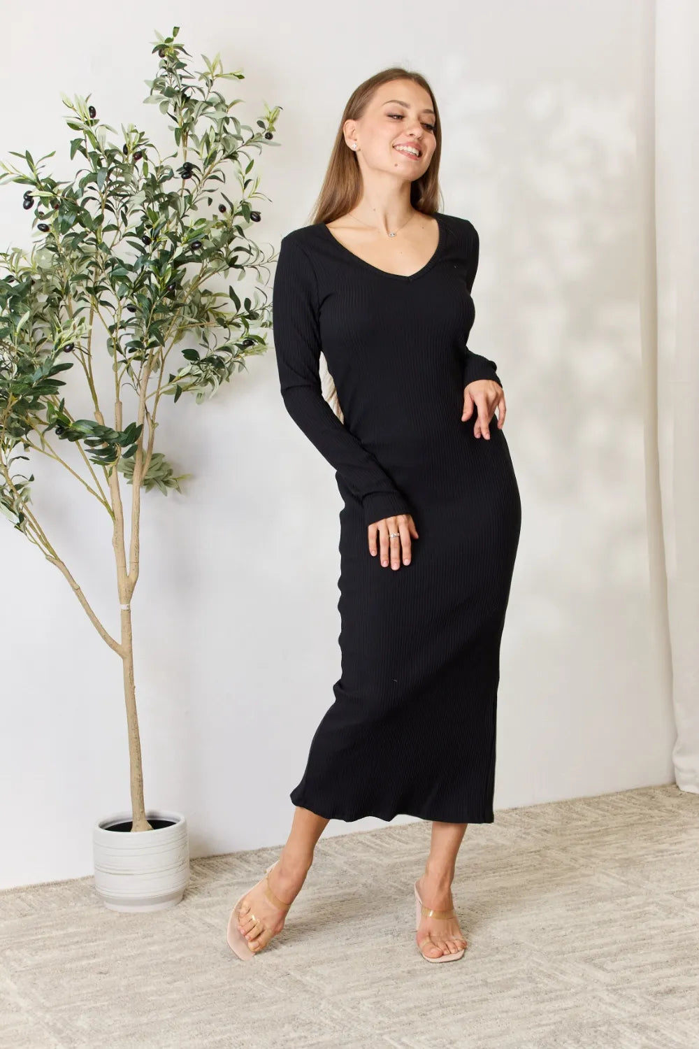 Ribbed Long Sleeve Midi Slit Dress on model