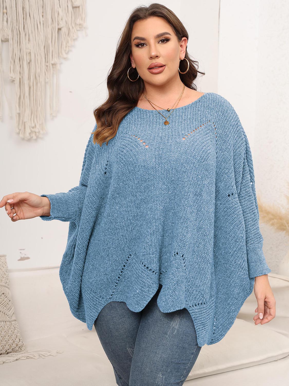 Plus Size Round Neck Batwing Sleeve Sweater Sky Blue - Fashorio