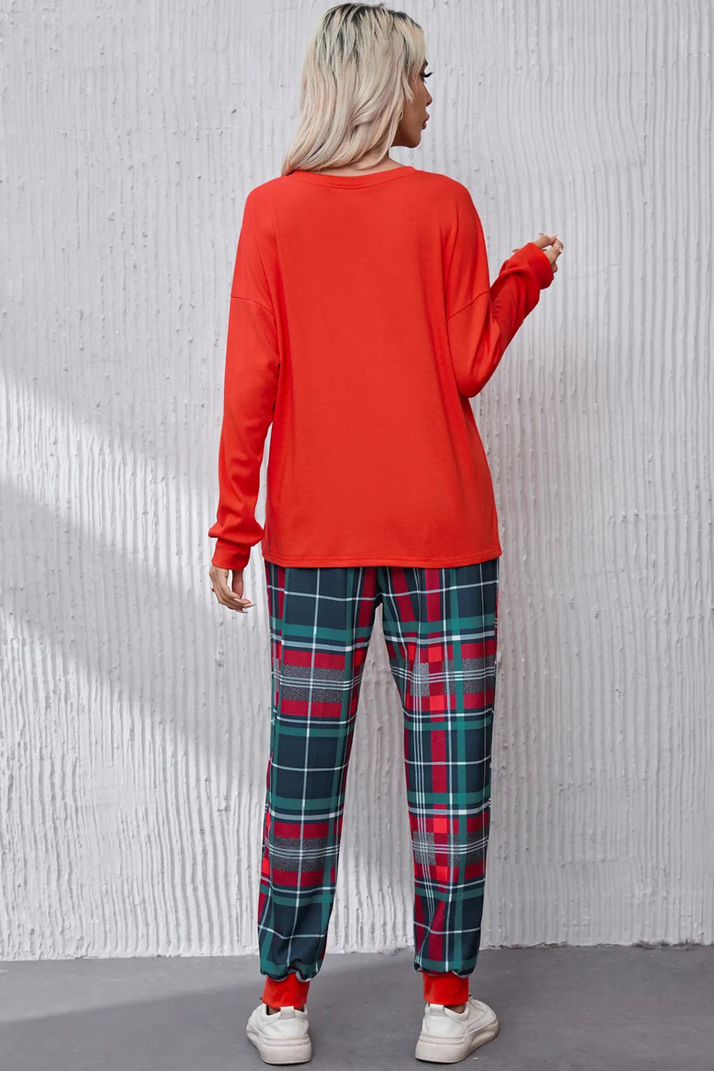 ALL IS BRIGHT Round Neck Top and Plaid Pants Lounge Set - Fashorio