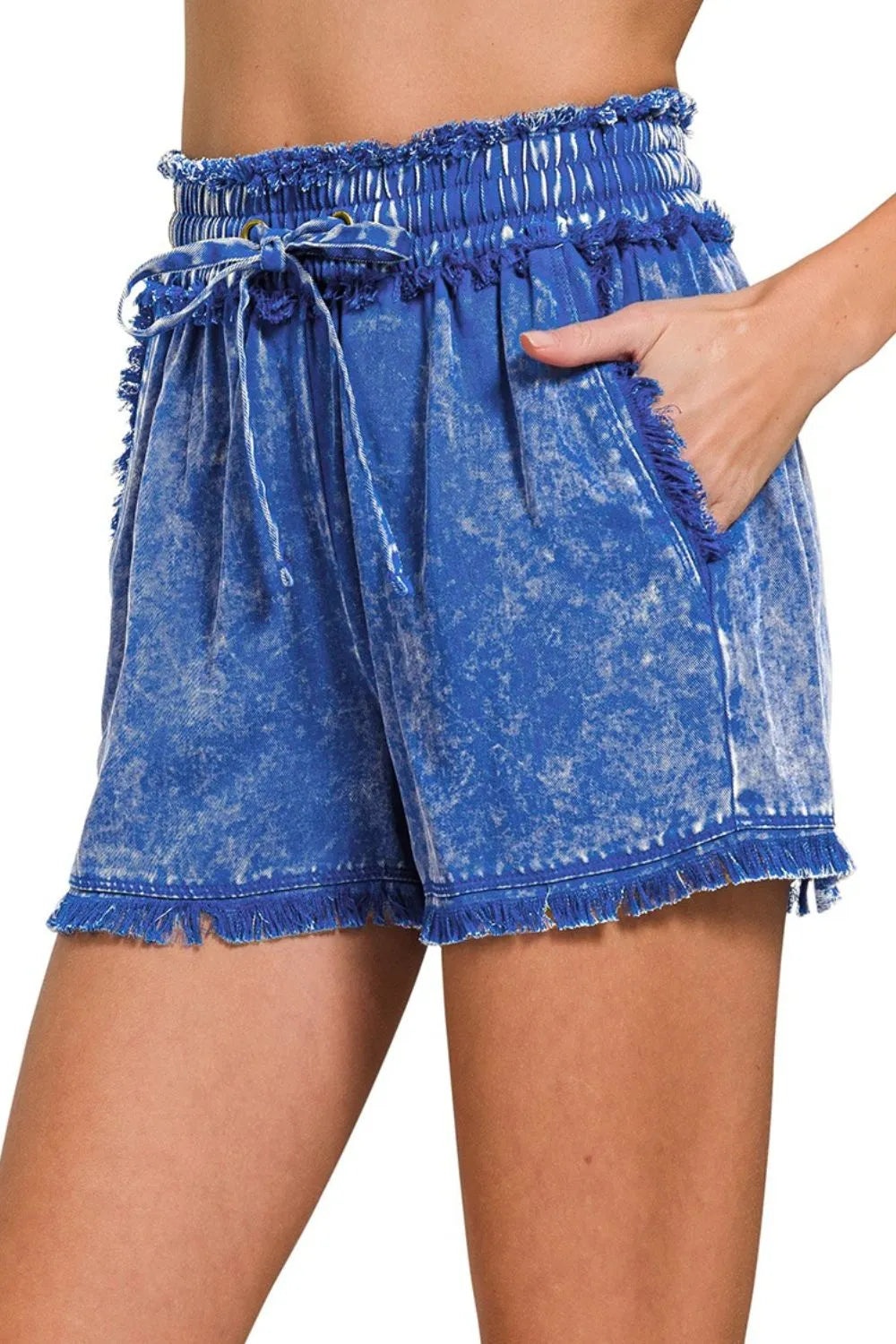 Zenana Mineral Frayed Hem Washed Shorts CLASSIC BLUE - Fashorio