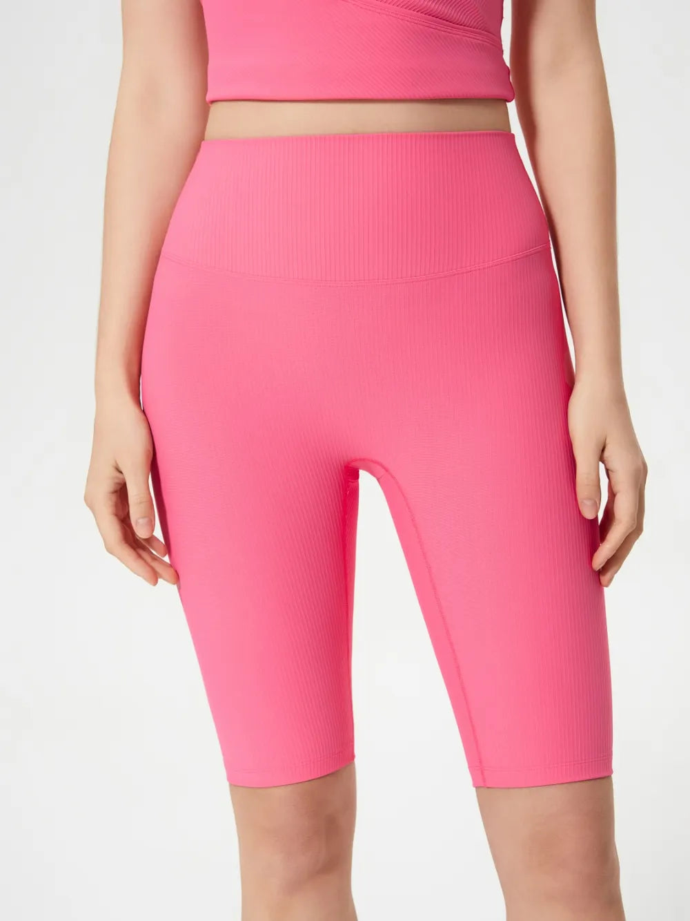 High waist stretch active shorts styled outfit view