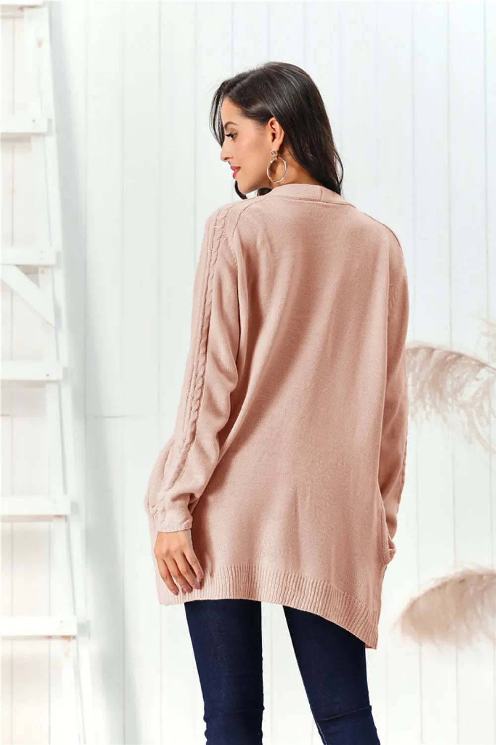 Cable-Knit Open Front Long Sleeve Cardigan - Fashorio