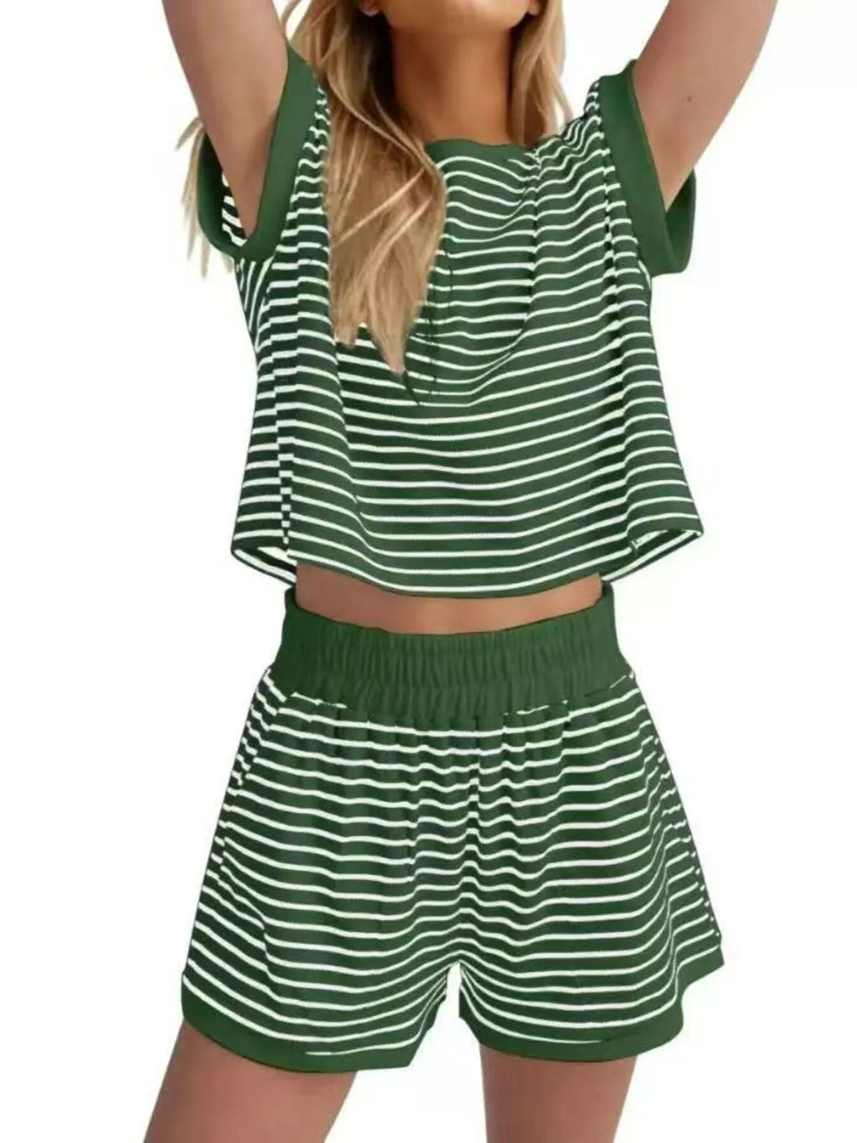 Striped Round Neck Top and Shorts Set Plus Size, view 11