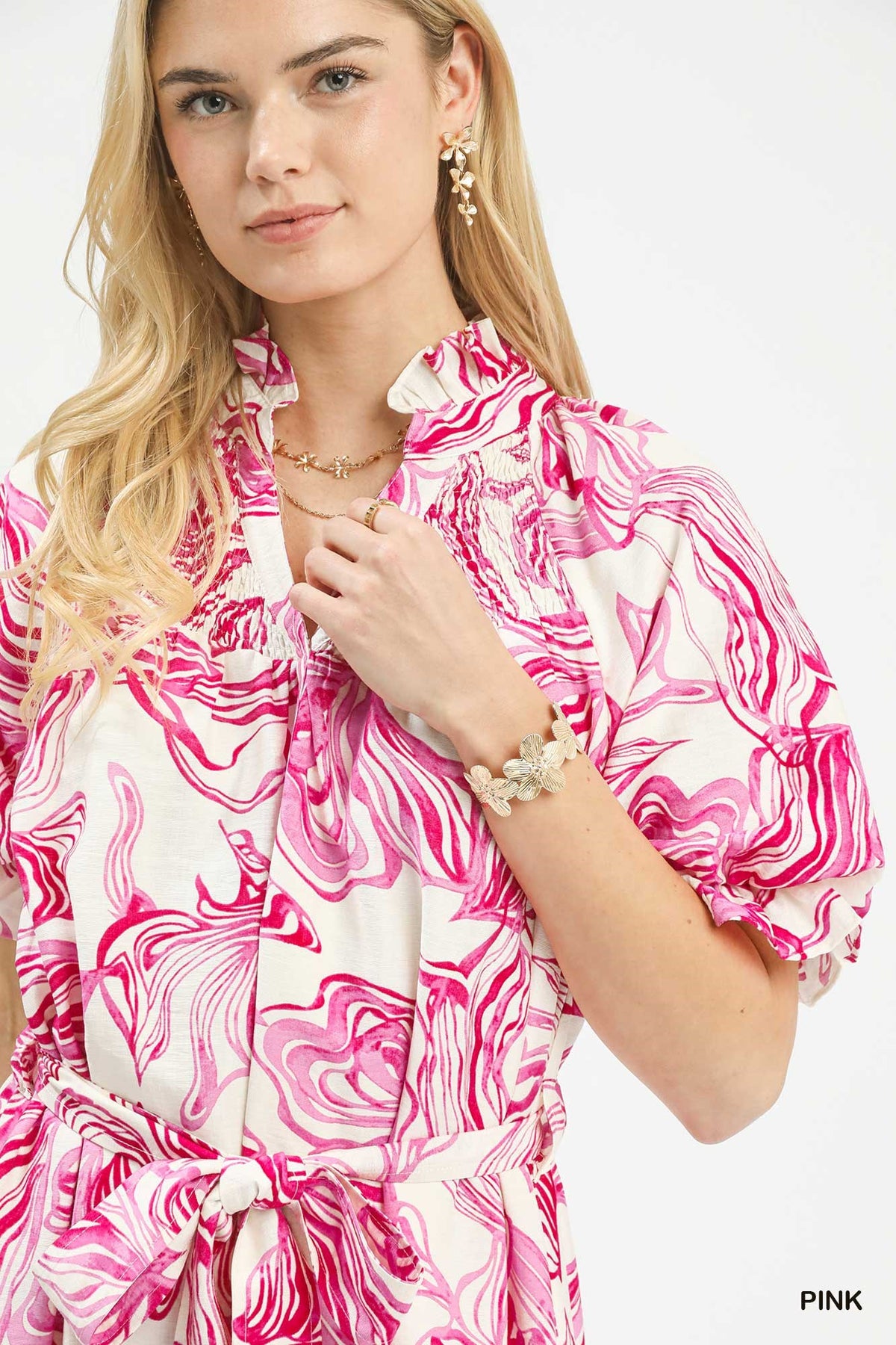 Abstract Print Smocked Tie Waist Midi Dress detail