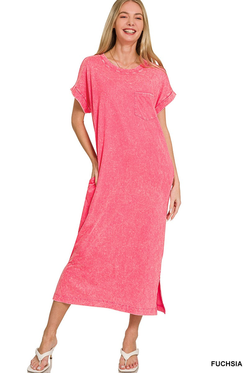 Washed Exposed Seam T Shirt Dress in Fuchsia