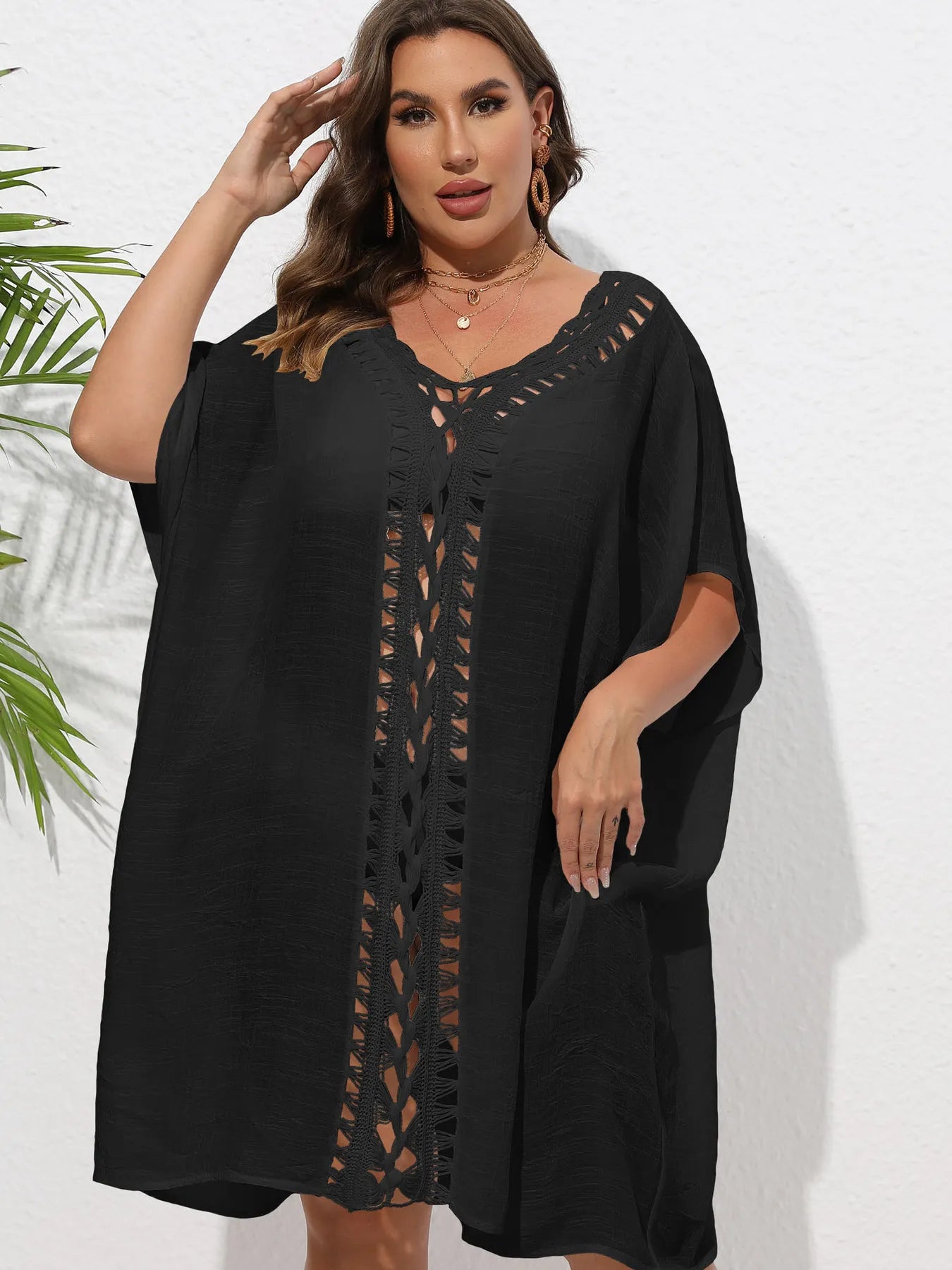 Crochet Trim V-Neck Beach Cover Up Dress - Fashorio