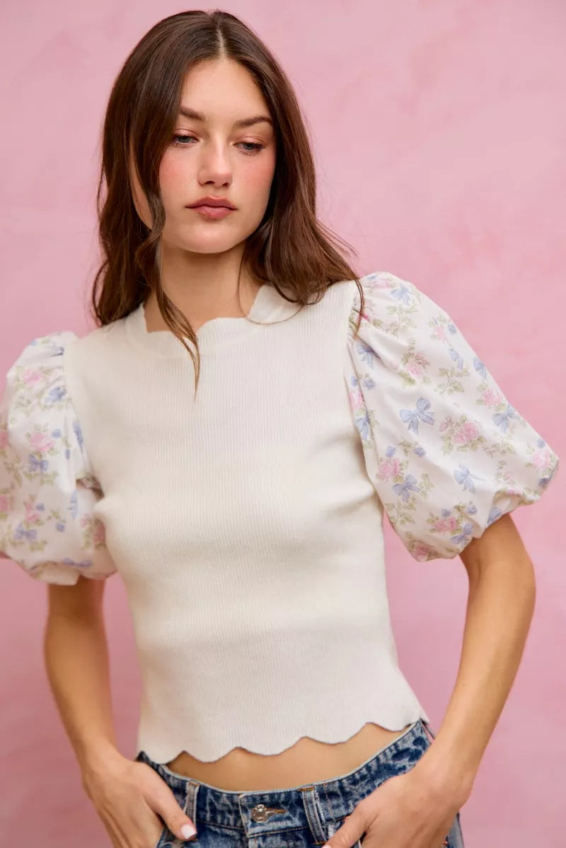 Contrast sleeve floral scallop sweater top look