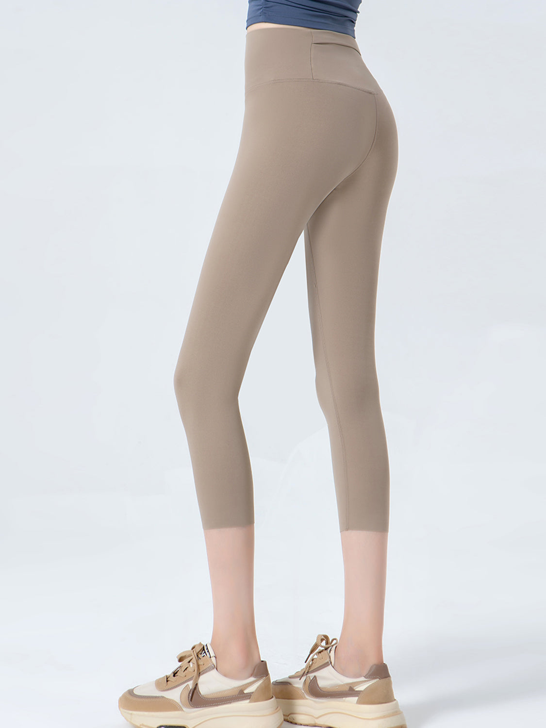 Wide waistband cropped sports leggings full length styled look