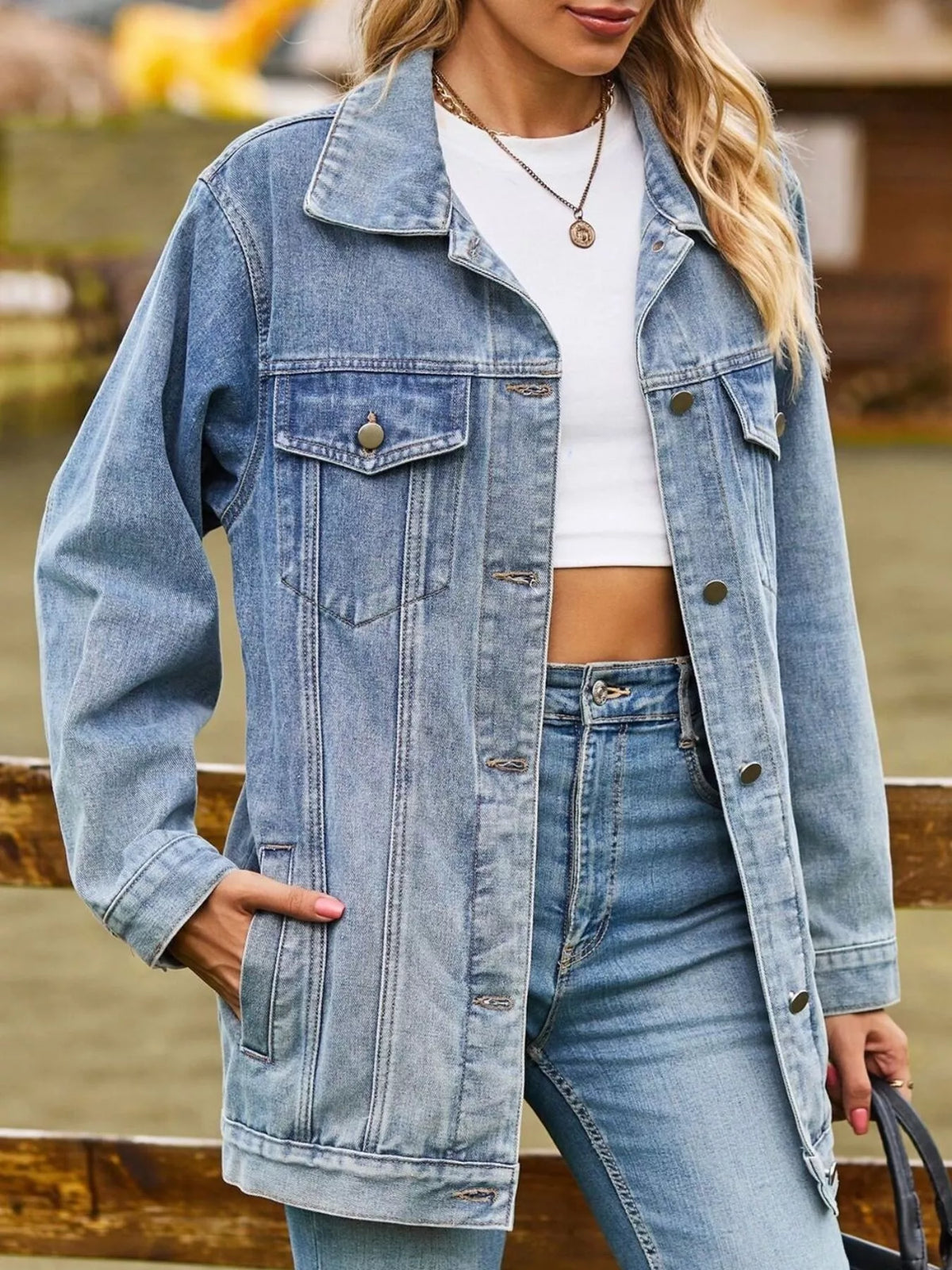 Washed Denim Jacket in Hot Pink close up