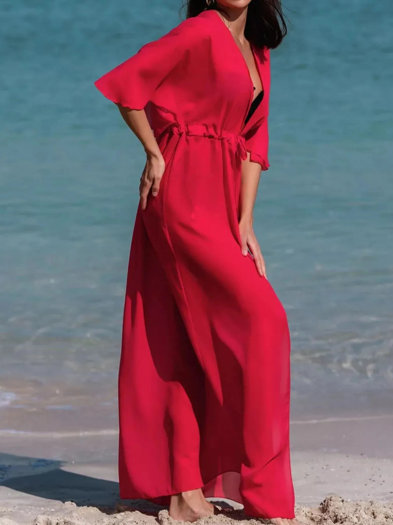 Solid Color Flutter Sleeve Cover-Up - Fashorio