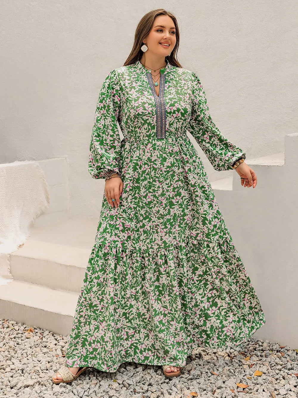 Plus size printed notched neck long sleeve maxi dress sleeve detail