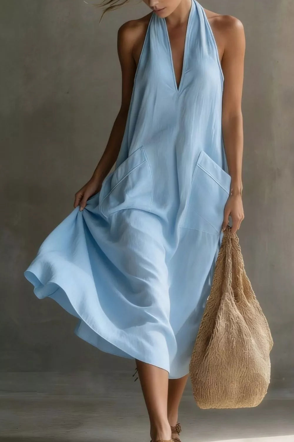 Halter neck pocket midi dress, back view