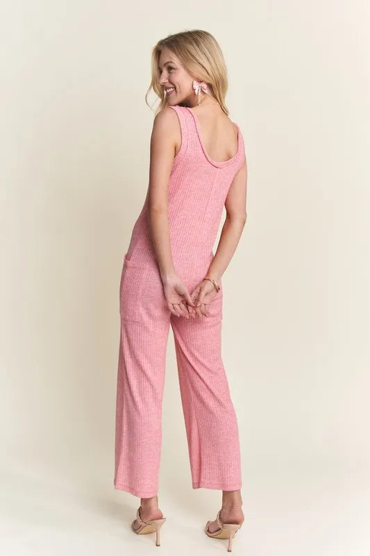 Ribbed V Neck Wide Leg Jumpsuit with Pockets side view