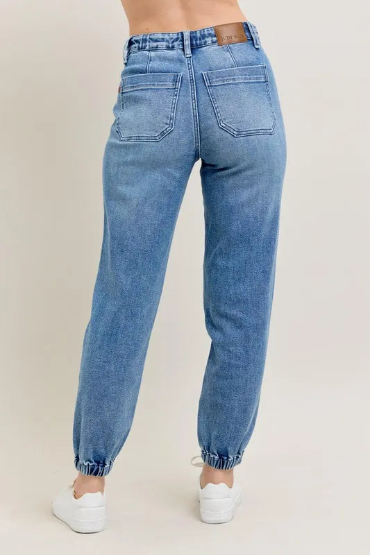 High waist denim joggers pocket detail