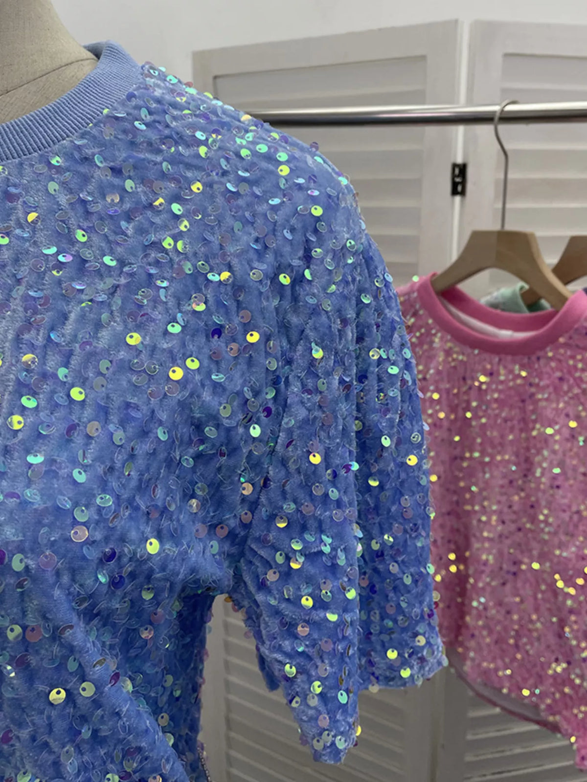 Blue sequin short sleeve tee angled view