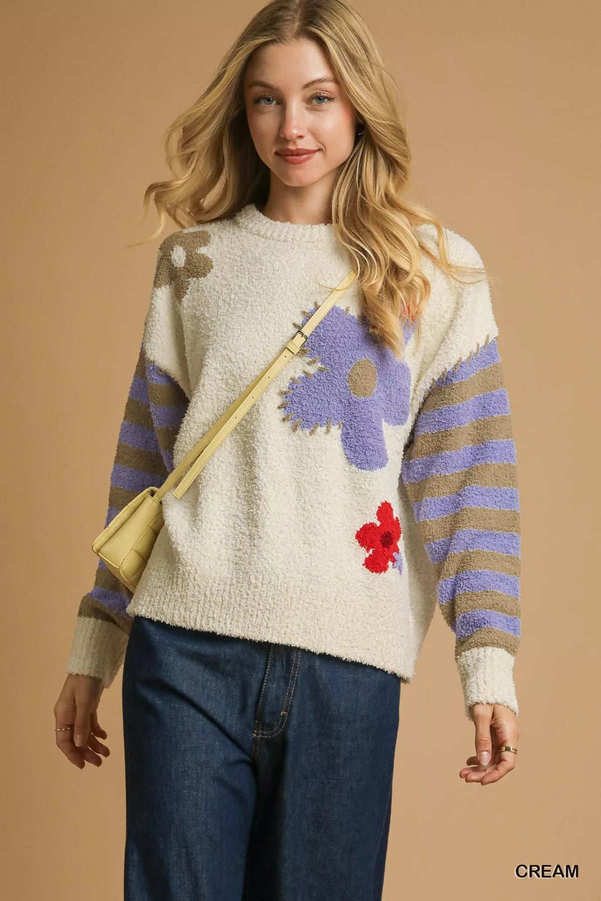 Floral Jacquard Striped Long Sleeve Sweater in Cream