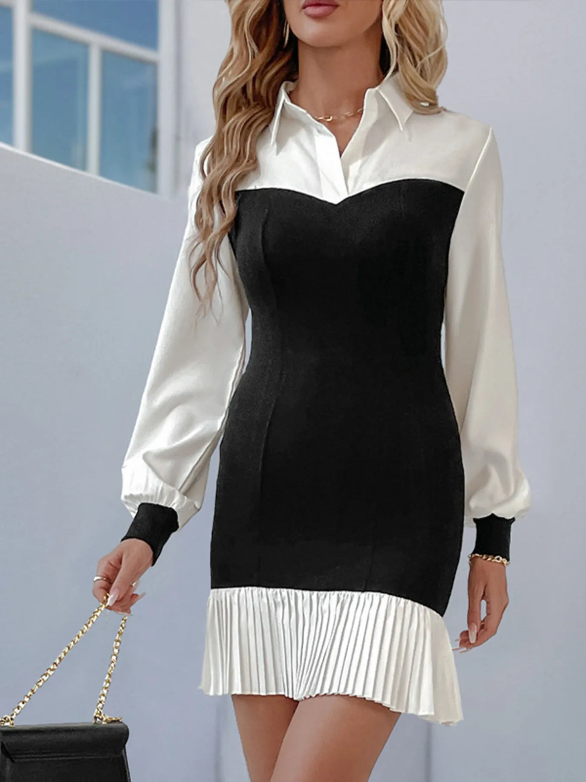 Two Tone Pleated Long Sleeve Shirt Dress full length view