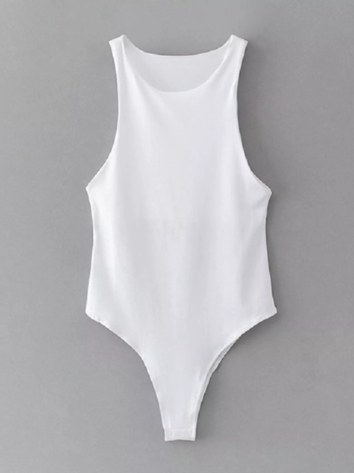 White sleeveless bodysuit shown on a model