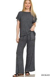 Zenana Ribbed Acid Wash Rayon Top & Pants Set ASH BLACK - Fashorio