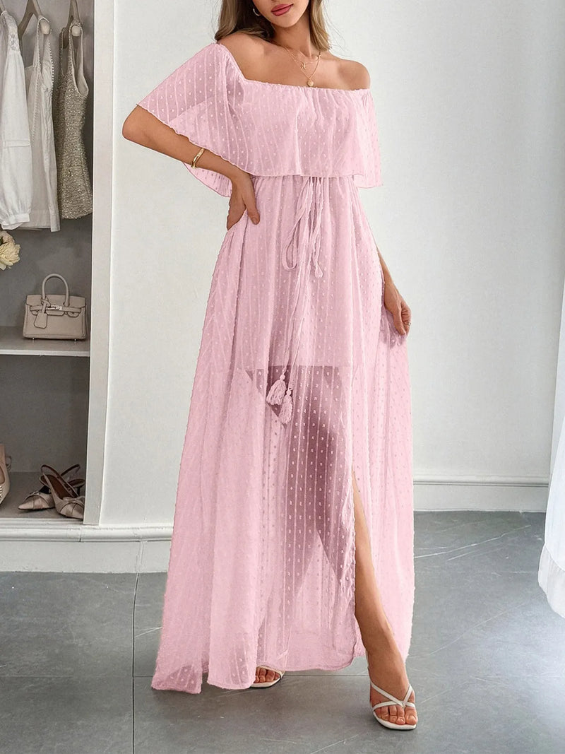 swiss dot off shoulder maxi dress front view